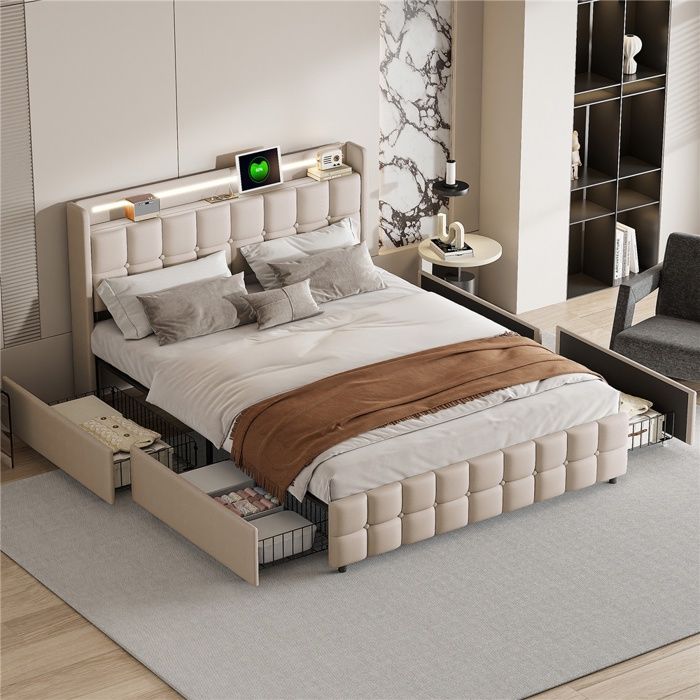 Lit Rembourré 180x200cm - Éclairage LED RGB Prises USB 4 Tiroirs Tissu Lin - Beige