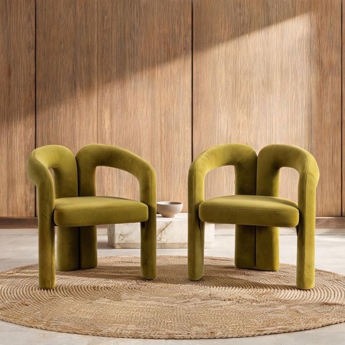 Chaise de salle à manger design tonneau en velours green-toned lot de 2 pieds bois massif 64x50.5x71 cm