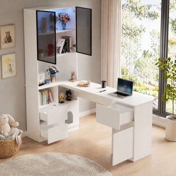 Bureau d’angle avec vitrine LED 7 couleurs rangement intégré 3 tiroirs 2 portes verre gris fumé JOINERY