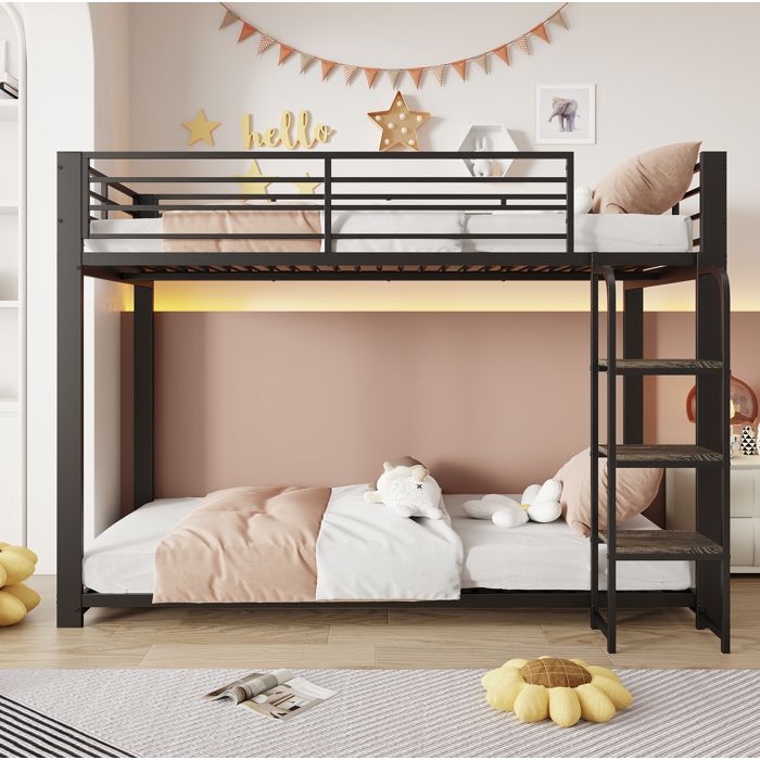 MEULVA Lit superposé 90x200 cm en métal noir escaliers avec rangement barrières de sécurité pour enfant et adolescent