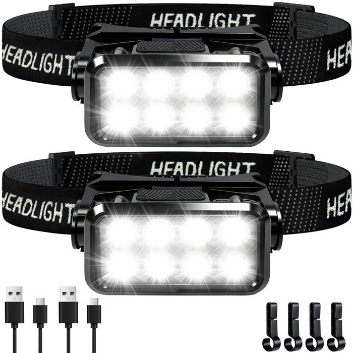 Lampe Frontale Rechargeable Lot de 2 Frontale LED Puissante Lampe Frontale Réglable Avec 5 Modes dElairage Capteur LéGer IPX6 Éta