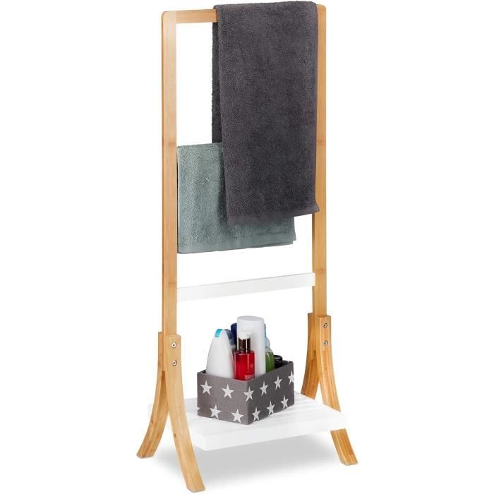Well Home Porte-Serviettes Sur Pied En Bambou Blanc - Support Serviettes Salle De Bain 55x24x82 Cm