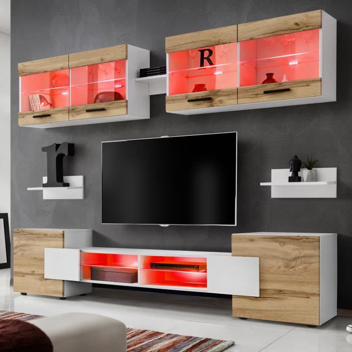 Ensembles de meubles TV Foggia Komodee - LED RGB - Bois Naturel Mat & Blanc - Façades en Mat - L235cm x H195cm x P35cm
