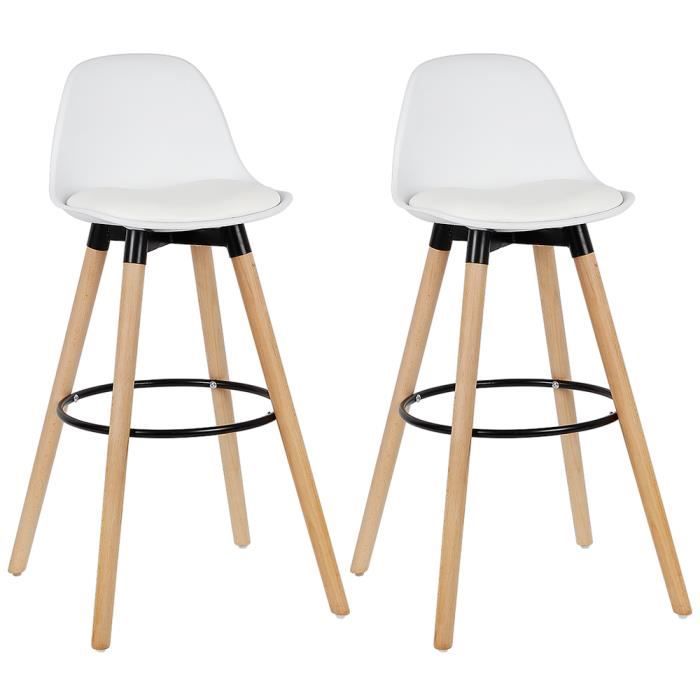 chaises de bar scandinave - simili blanc - lot de 2 - pieds en bois hêtre massif - 39.5x44x91cm
