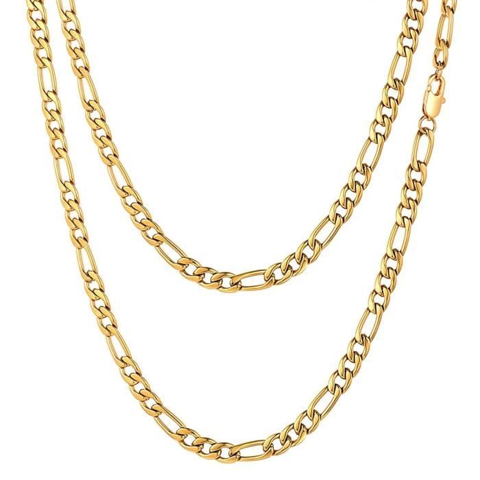 chaîne maille figaro (1+3) 5mm collier homme acier plaqué or 18 carats noir avec boîte à bijoux longueur 45cm 50cm 55cm 60cm 65cm