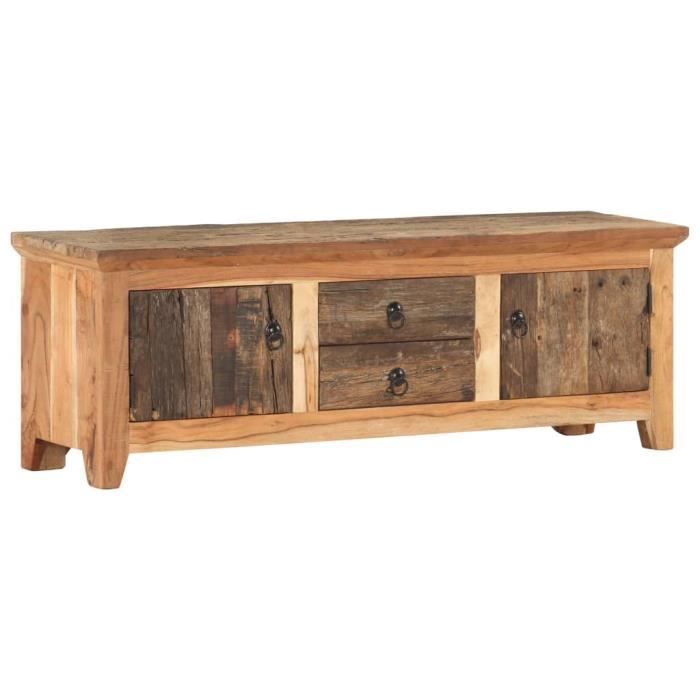 Meuble TV - Bois dacacia massif - Style Campagne - 2 Compartiments - 2 Tiroirs - 120x30x40 cm