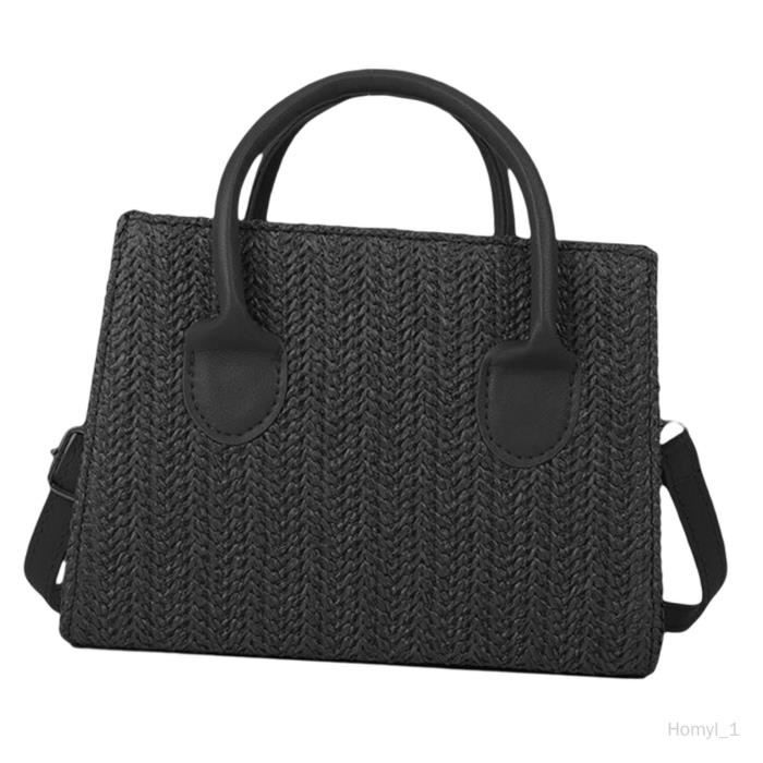 sac à bandoulière portable en paille grande panier en rotin avec poignée sacs à bandoulière sac à main fourre-tout le noir