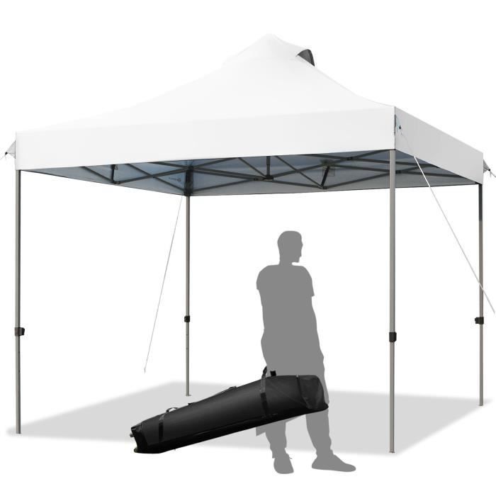 COSTWAY Tonnelle de Jardin Pliante 3 x 3M-Sac de Transport à Roulettes-3 Hauteurs-6 à 8 Personnes-Tissu Oxford Imperméable-Blanc