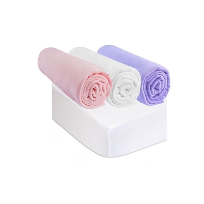 Drap housse 70x160 rose blanc parme (lot de 3) + 2 al&egrave;ses
