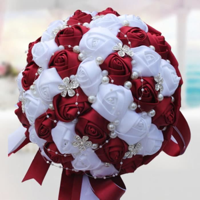 Ruban mariée bouquet fleur mariage cinq pétales fleur bouquet de perles  Rouge foncé + blanc 18 cm. - Cdiscount Maison