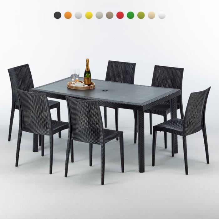 Table rectangulaire et 6 chaises Poly rotin colorées 150x90cm noir