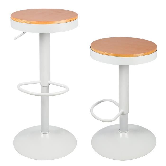 Lot de 2 chaises de bar réglables en hauteur HUOLE - Planche de bois ronde blanche - Style contemporain
