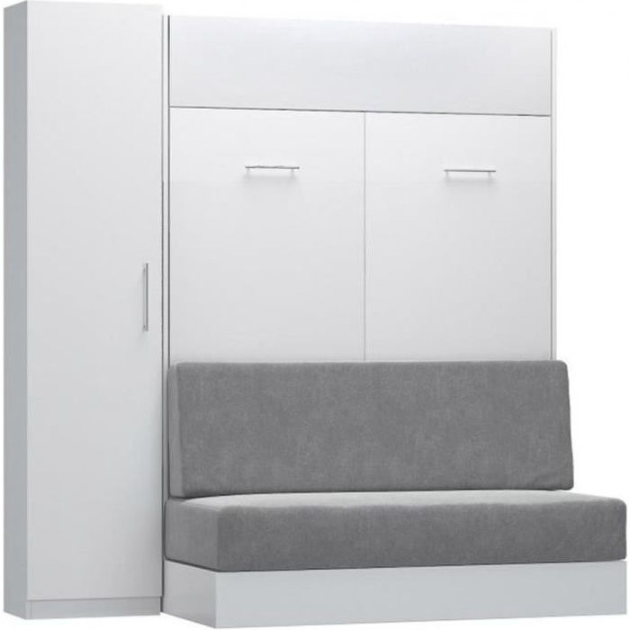 composition lit escamotable blanc mat dynamo sofa canapé gris couchage 140 x 200 cm colonne rangement blanc microfibre inside75