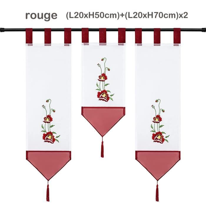 Rideaux brise-bise voilage avec coeurs brodés rouge et beige