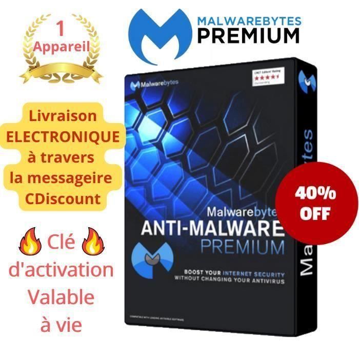 Malwarebytes Premium - Clé de Licence Authentique A VIE Pour Windows - 1 Appareil