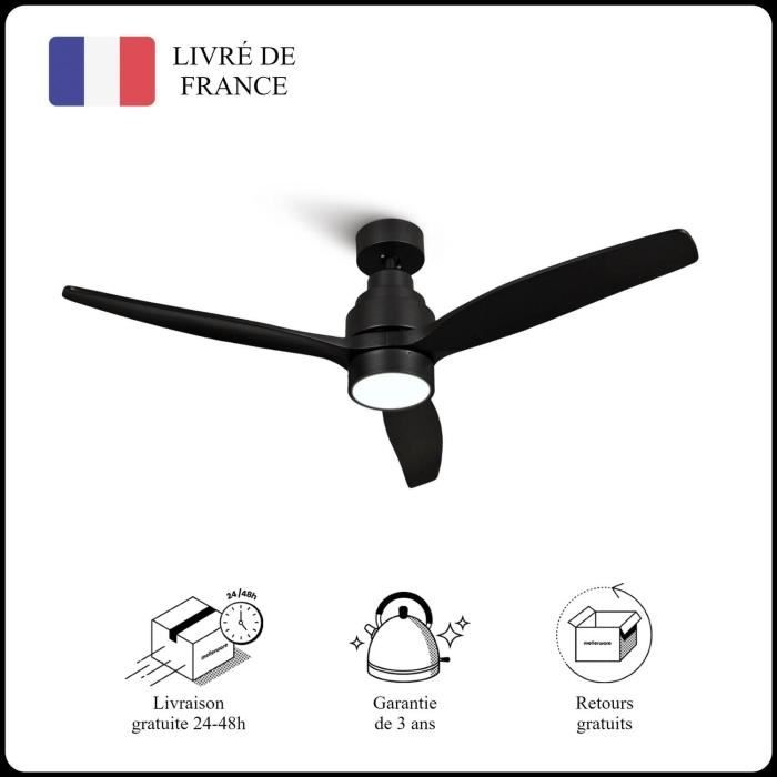 Mellerware - Ventilateur de plafond avec télécommande Brizy! Bright 45W Silencieux 3 lames 132cm 6 vitesses LED Noir - Mellerware