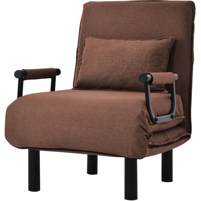 fauteuil chauffeuse canapé-lit convertible 1 place déhoussable avec confort coussin pieds accoudoirs métal 6 positions 150kg marron