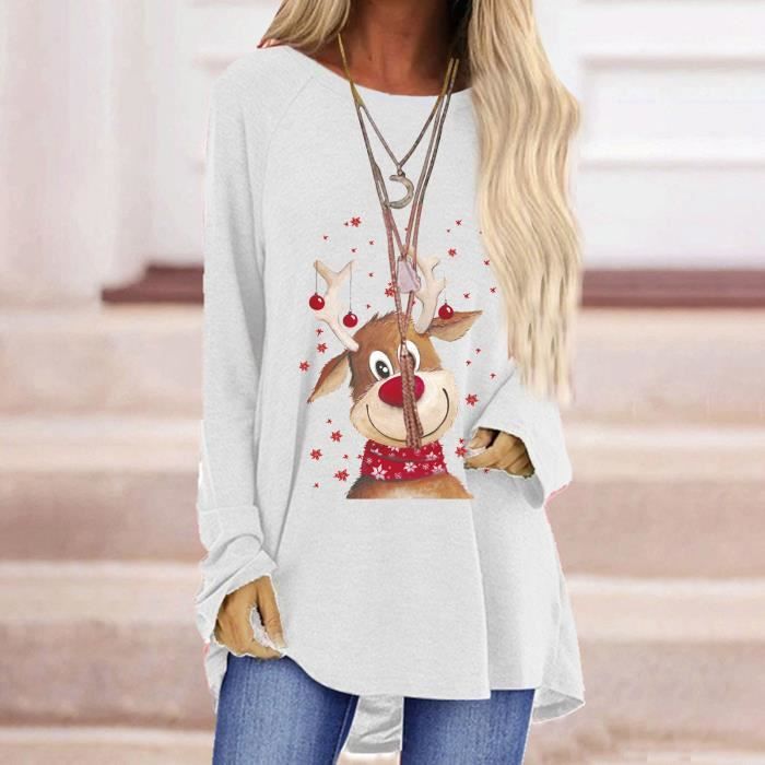 Tunique Femme Pull ample manches longues et col rond imprim de