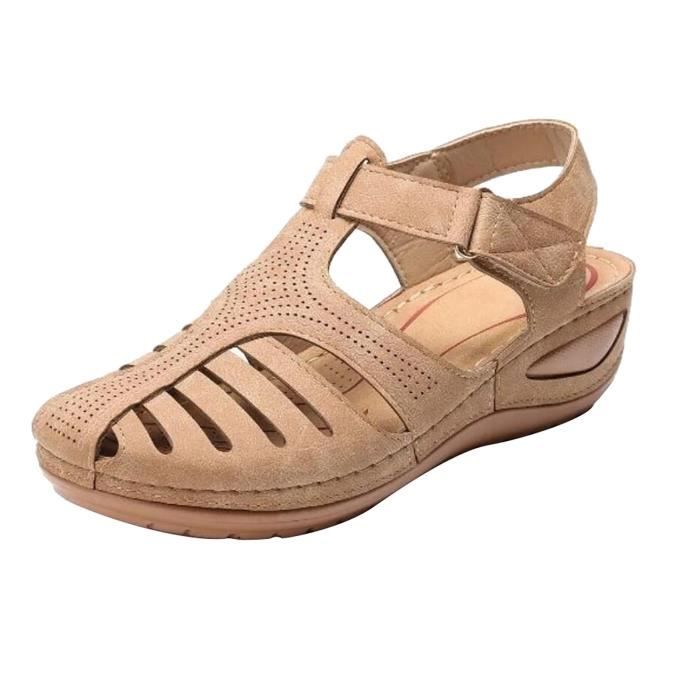 Sandales antidérapantes vintage en cuir souple à bout fermé pour femmes de  haute qualité Beige OS