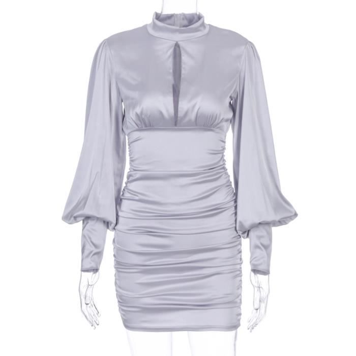 Robe Dulzura robe froncee longue manches lanternes tenue elegante moulante sexy fete automne hiver 2019 Type GRIS Blanc Cdiscount Pret a Porter