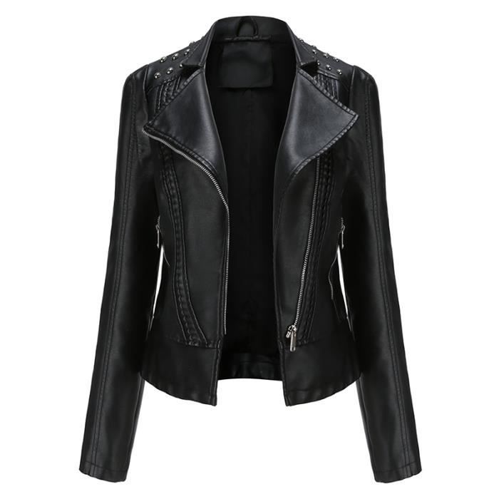 Blouson Femme Simili Cuir AIEVIS Col Revers Manches Longues Noir Rivet Decoratif