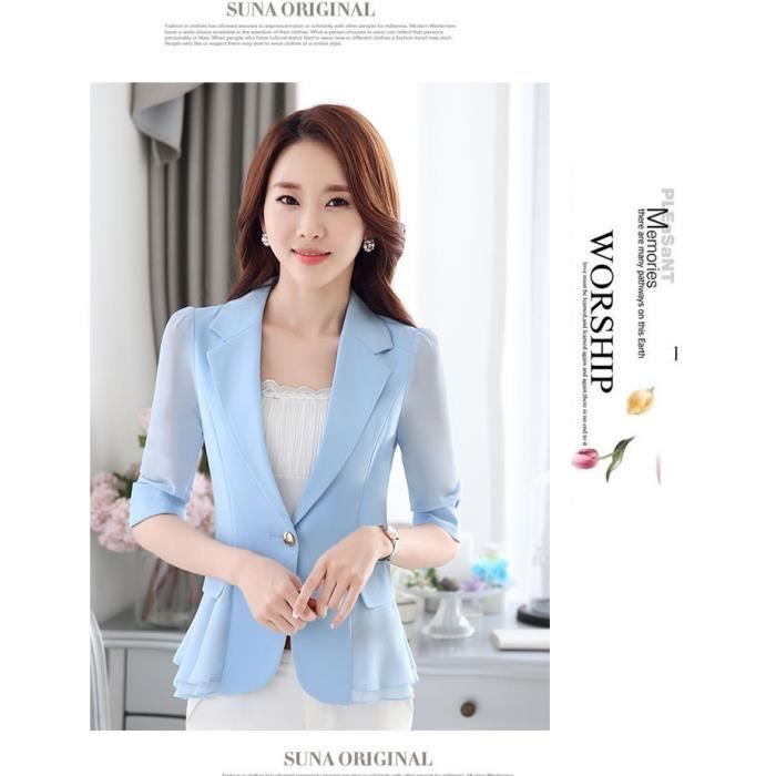 Manteau Blazer d ete en mousseline de soie blanc fin pour femme veste courte et Slim manches trois quarts a BLEU CIEL B Blanc Cdiscount Pret a Porter