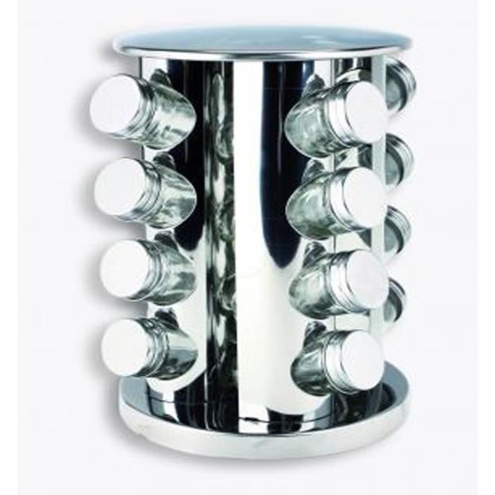 Présentoir pots à épices rotatif argenté avec 16 pots - Dim : H 27 x D 19 cm