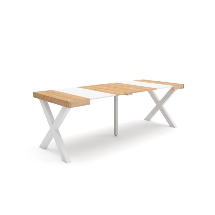Table console extensible 220 Pour 10 personnes 222x90x72 6cm Pieds bois massif Chêne et blanc RF2799