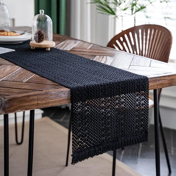 Chemin De Table Bohème – 30x140cm – Coton Et Lin Bleu Foncé – Style Rustique