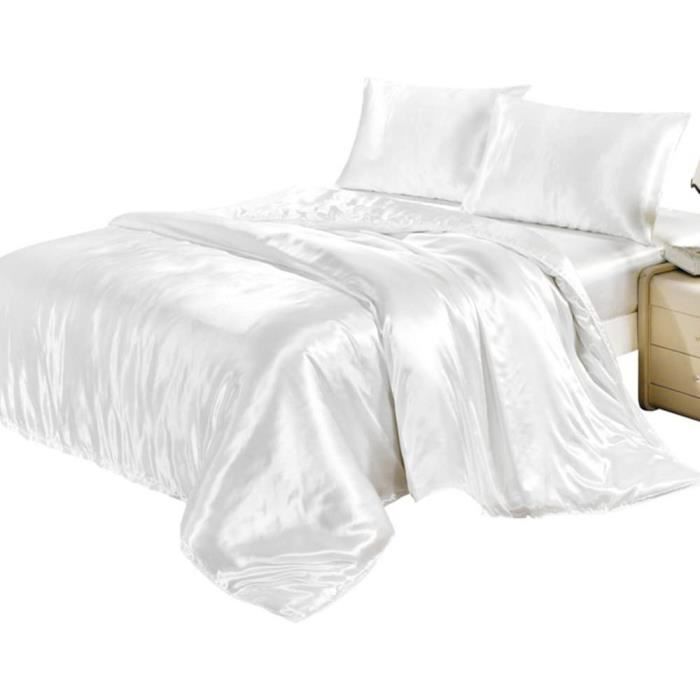 Parure de lit Blanc en Soie 220x240cm - Satin 4 Pièces avec 2 Taies doreiller 1 Drap 1 Housse de Couette