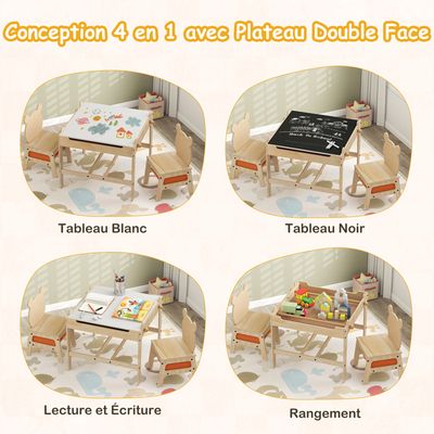 Table Multifonction Enfant 4-en-1 Avec 2 Chaises - Plateau Tableau Noir/blanc Amovible - Pour Dessin, Jeux, Repas
