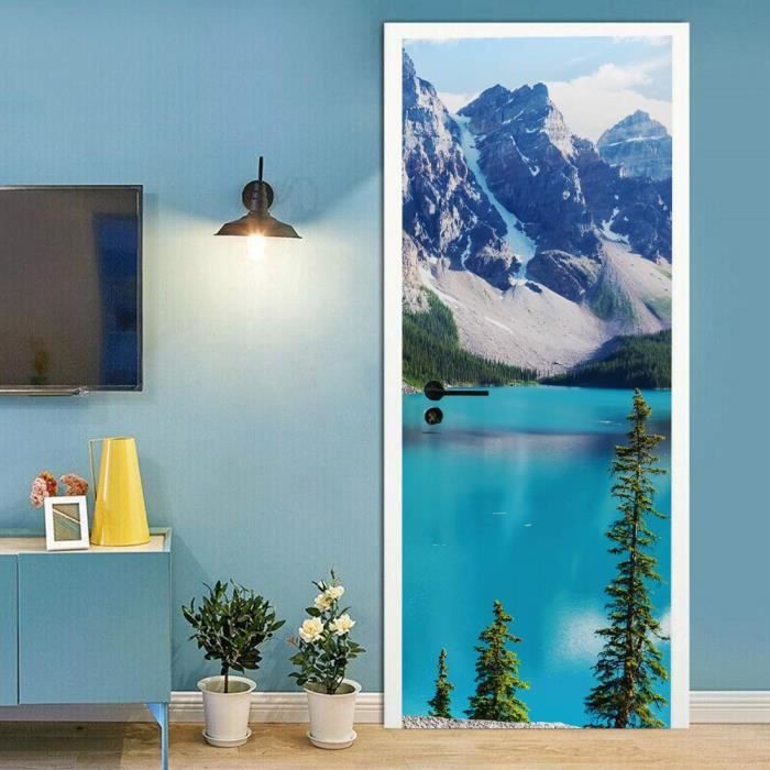 Sticker Porte Montagne Neige 3D Hiver Trompe L'Oeil 85x200cm - Autocollant Décoration Salon Chambre