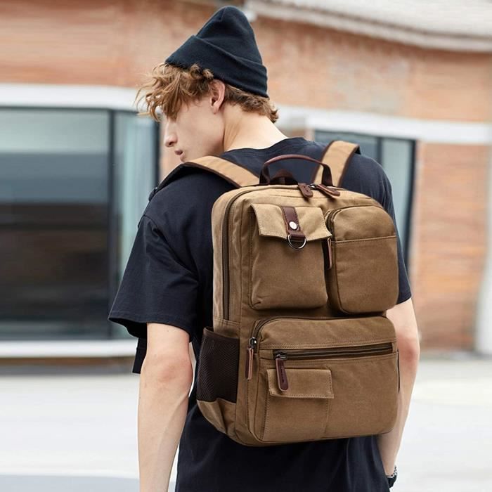 FANDARE Retro Sac a Dos Homme Business Laptop Bag Etudiant Multi Poches Rucksack Outdoor Voyage Daypack Respirant Toile Khaki A267 Cdiscount Bagagerie Maroquinerie