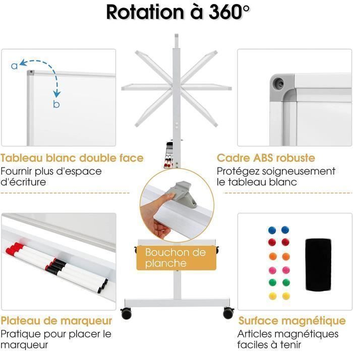 Tableau Blanc Magnétique Sur Pied Réglable 65x100 Cm – Roulettes Verrouillables, Hauteur 132-192 Cm – Avec Accessoires | Tableau Bureau école Présentation
