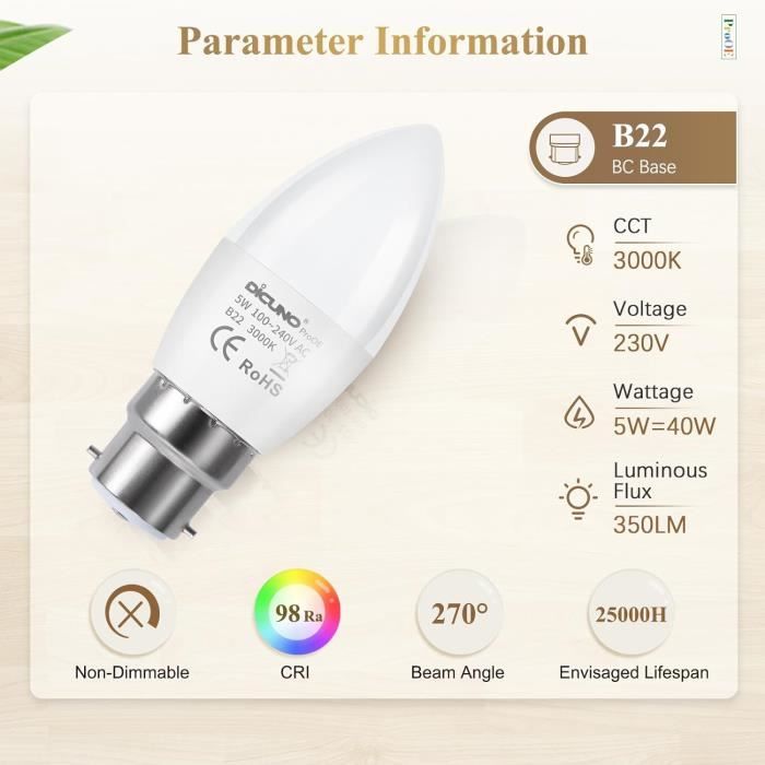 DiCUNO ProOE E14 Bombilla LED 5W, 5000K Blanco Frío LED En Forma De Vela, Eequivalente 40W Halógeno, 460LM, E14 C37 Espectro Completo CRI 98, No Regulable, 100- 240V, 6 Piezas