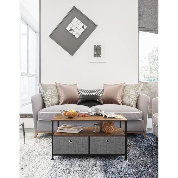 Table Basse Salon Réglable Hauteur 48-62 Cm - Rangement Ouvert/Caché - Style Vintage/Noir 100x50 Cm