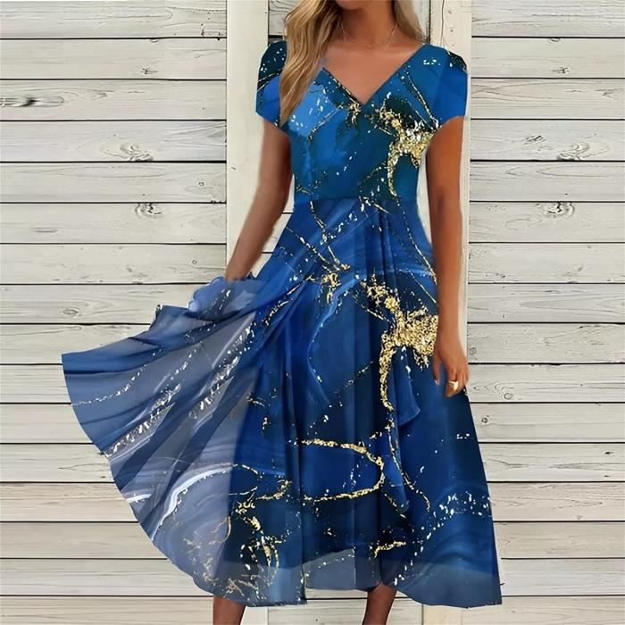 Robe Midi Femme Chic Et Elegant - Azur - Mi Longue - Décontracté - Sans  Manche - Impression de Soirée Azur - Cdiscount Prêt-à-Porter