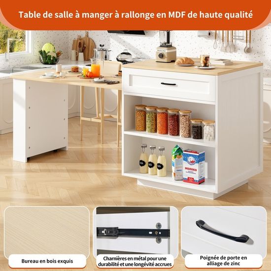 Table De Bar Extensible Avec Rangement 138-204cm - Pivotante 360°, 2 Tiroirs, 2 Portes, Blanc, MDF, Pour Cuisine Ou Salon