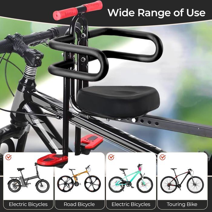 Siège Enfant Avant Pour Vélo – Montage Sur Tube Supérieur – Accoudoir Amovible – NEUF