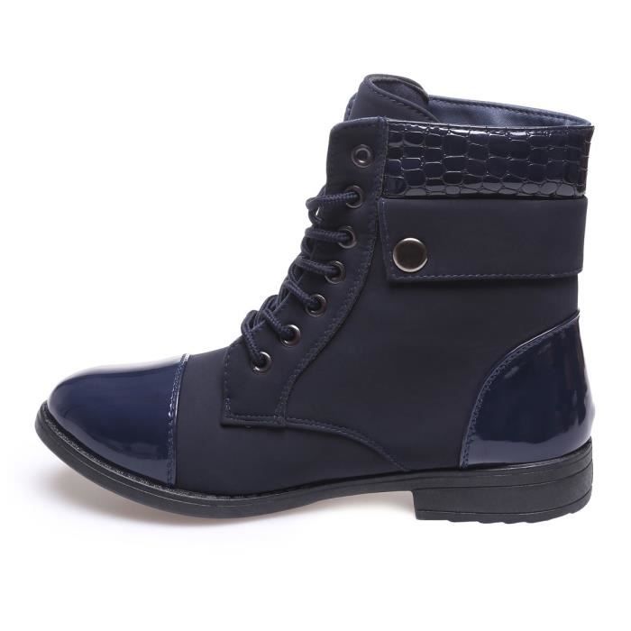 Bottine bi matiere a lacets La Modeuse Femme Bleu PU vernis et croco Talon 3cm
