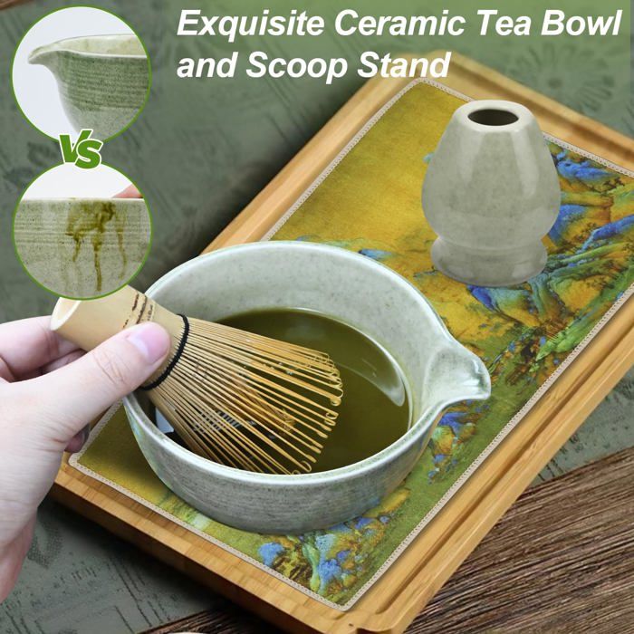HEI MING Kit Matcha Cérémonial 8 Pièces - Bol Céramique Gris-Bleu Vintage Et Fouet Bambou Artisanal