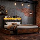 Lit 180x200 avec sommier à lattes - COZY - cadre de lit king size 180x200 avec rangement - LED - Noir et Marron