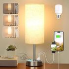 MOURSIIENY Lampe de Chevet Tactile-3 Niveaux de Luminosité-Port de Chargement Type-C+USB-A-Abat-jour en Lin Blanc et Base en Métal