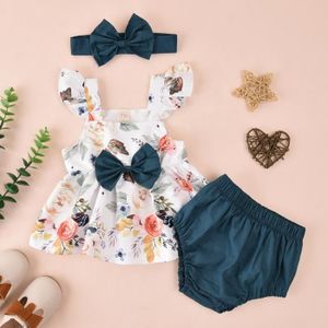 Ensemble de vêtements Un ensemble de vêtements Infantile Bébés Filles Imprimé Floral Manches Braguette Bowknot Robe Shorts Tenues De Bandeau