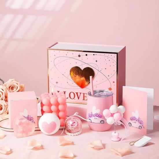 DECO EXPRESS Coffret Cadeau Femme - Bouquet Roses Artificielles Et Bougies Parfumées à La Rose (Rouge)