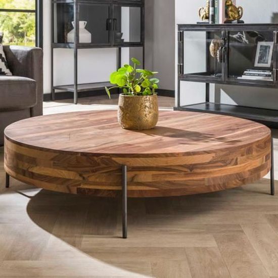 Table basse ronde en noyer massif et métal DAINELI Naturel L 120 x P ...