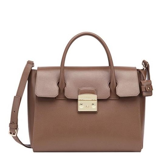 Sac à Main Besace Furla En Cuir Marron Foncé - Cadenas Argenté - Occasion En Cuir Souple - Italie