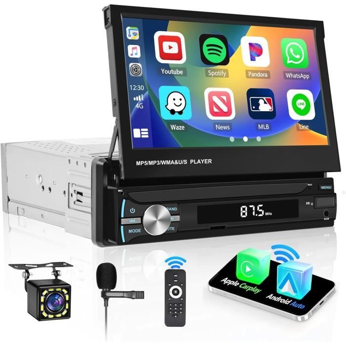 Rimoody Draadloze Carplay autoradio 1 Din met Android Auto Bluetooth 9 inch afneembaar scherm autoradio met iOS/Android Mirror Link FM radio USB/EQ/AUX/TF stuurbediening achteruitrijcamera microfoons