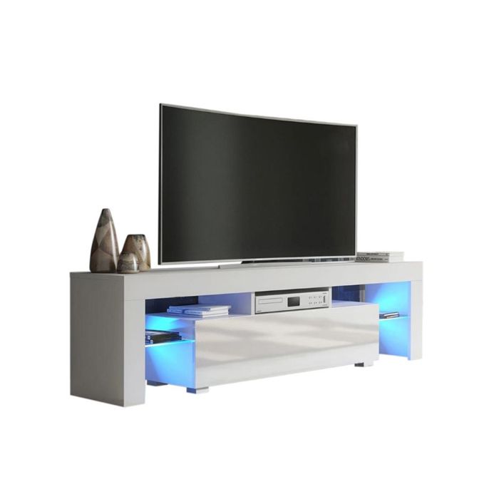 Meuble TV SPIDER à LED en Blanc MAT avec porte Blanc Laqué 160 cm