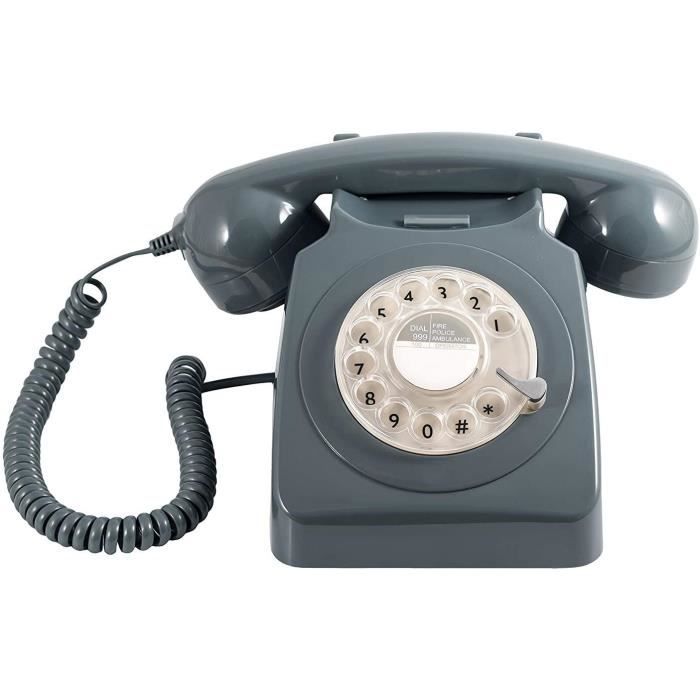 GPO 746 Téléphone fixe rétro de style années 1970 à cadran rotatif - Cordon extansible, sonnerie authentique - gris